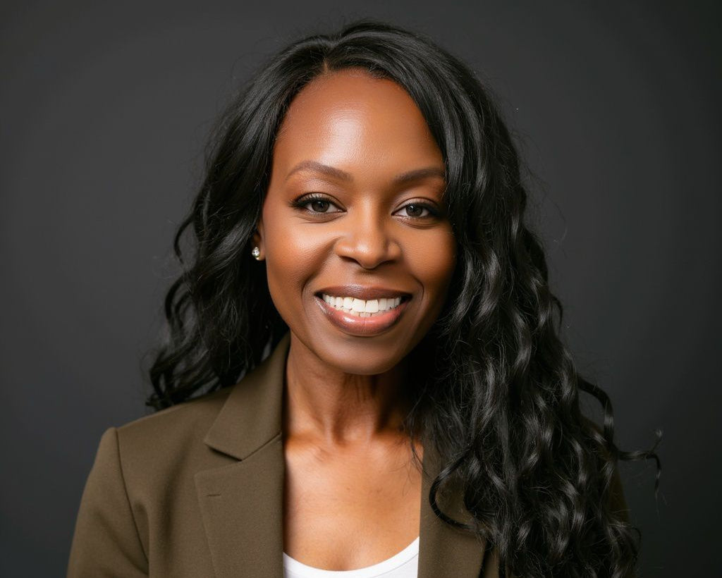 Angelot wearing a brown blazer against a dark background