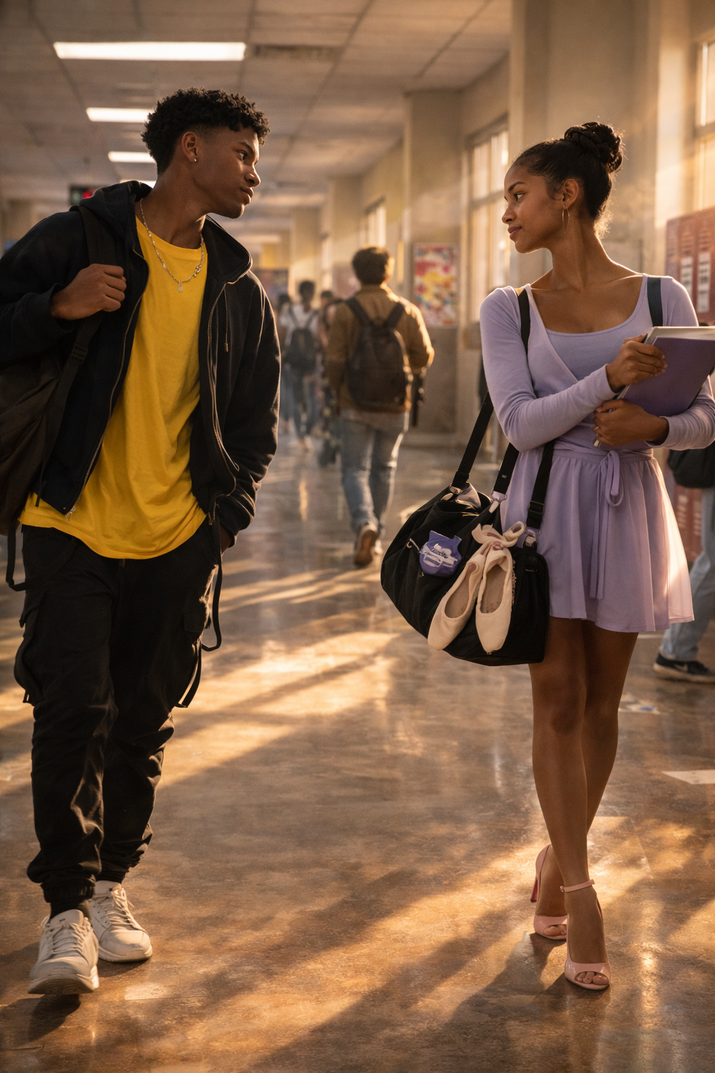Two people walking down a hallway, one carrying a bag with ballet shoes, in an indoor setting.