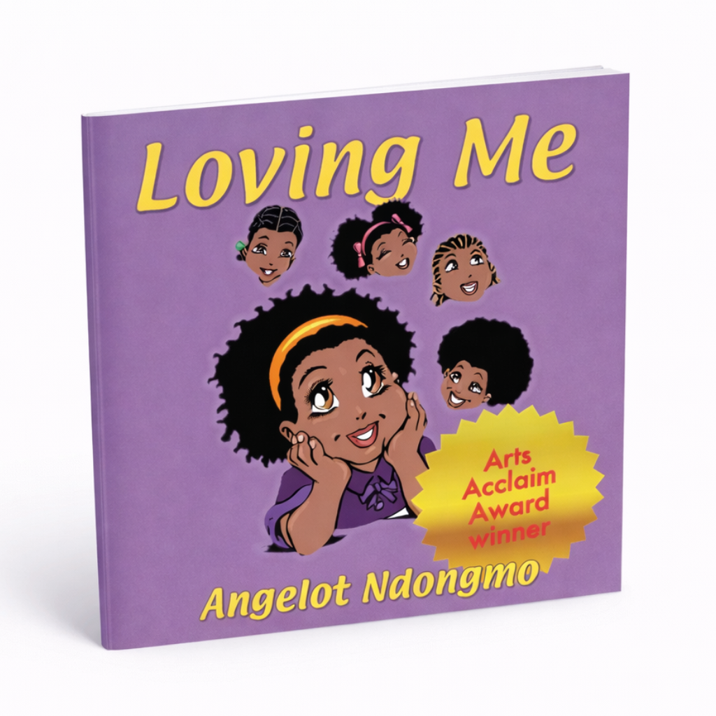 Book titled 'Loving Me' with a purple cover featuring illustrations of children and an award badge.